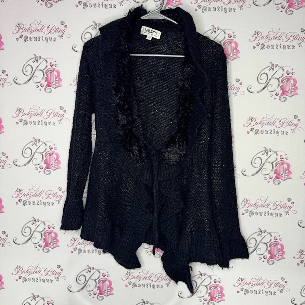 Valenti cardigan sequins sparkly furry fur neckline tie up Black Women's Sweater